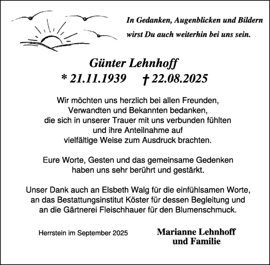 Traueranzeige von Günter Lehnhoff von WochenSpiegel
