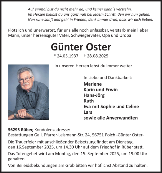 Traueranzeige von Günter Oster von WochenSpiegel