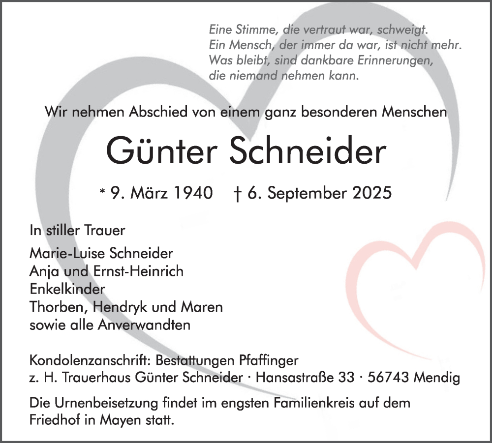  Traueranzeige für Günter Schneider vom 24.09.2025 aus WochenSpiegel