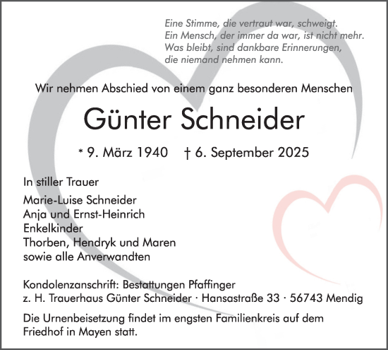 Traueranzeige von Günter Schneider von WochenSpiegel