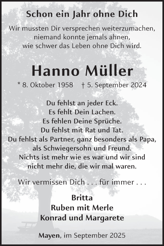 Traueranzeige von Hanno Müller von WochenSpiegel