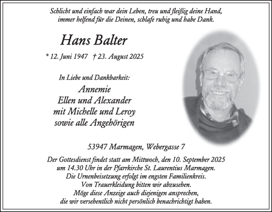 Traueranzeige von Hans Balter von WochenSpiegel