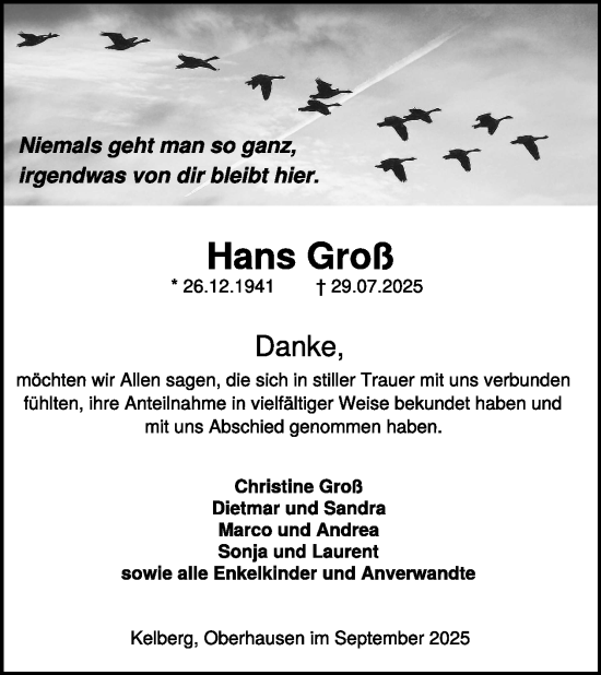 Traueranzeige von Hans Groß von WochenSpiegel