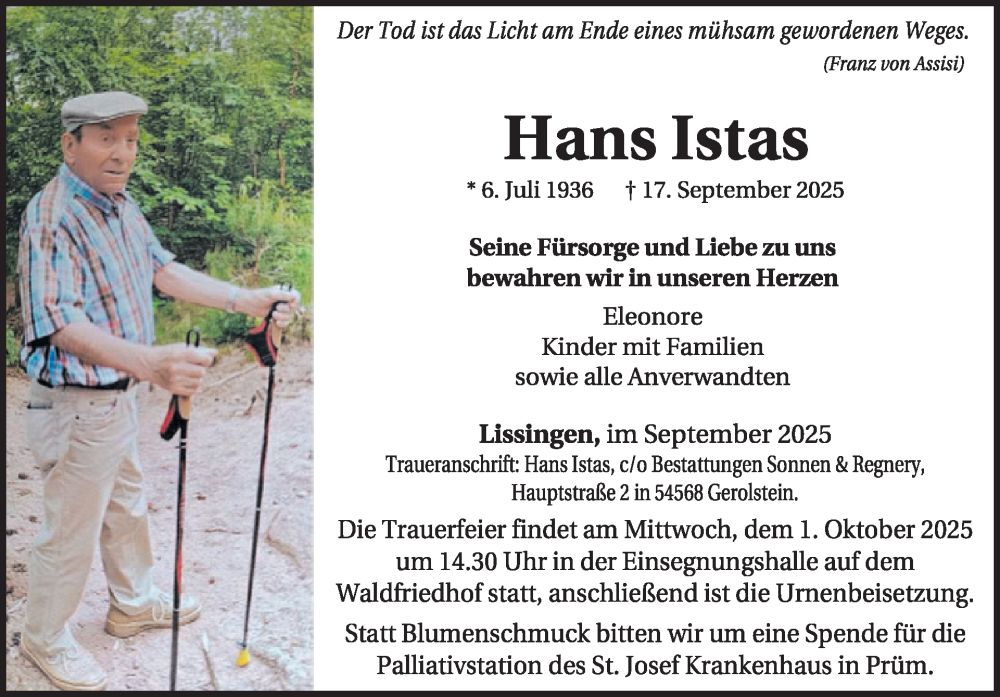  Traueranzeige für Hans Istas vom 27.09.2025 aus WochenSpiegel
