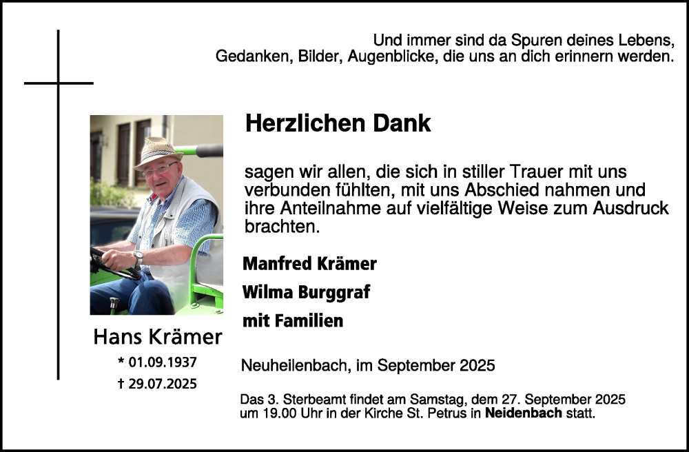  Traueranzeige für Hans Krämer vom 19.09.2025 aus WochenSpiegel