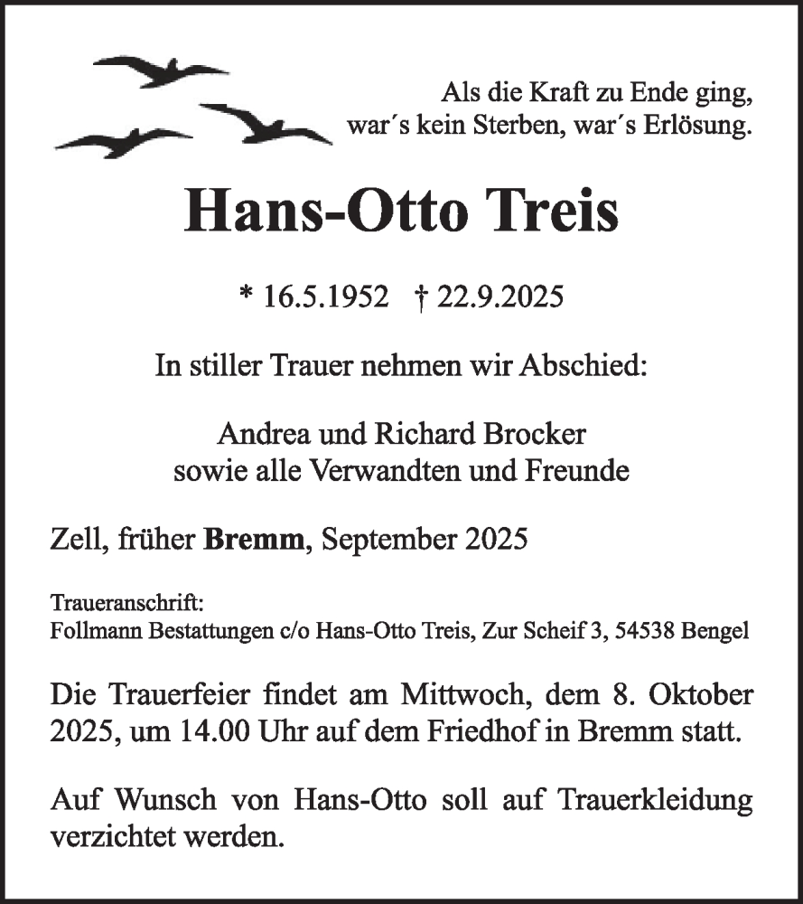  Traueranzeige für Hans-Otto Treis vom 01.10.2025 aus WochenSpiegel