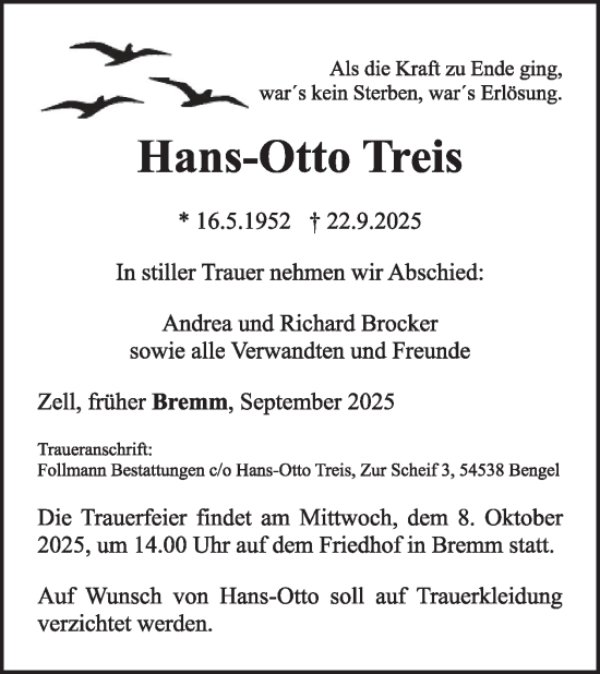 Traueranzeige von Hans-Otto Treis von WochenSpiegel