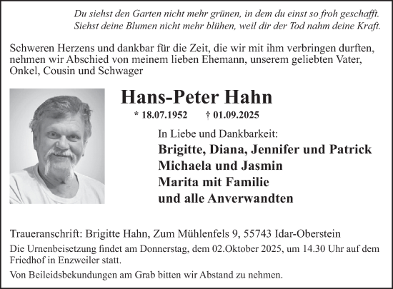 Traueranzeige von Hans-Peter Hahn von WochenSpiegel