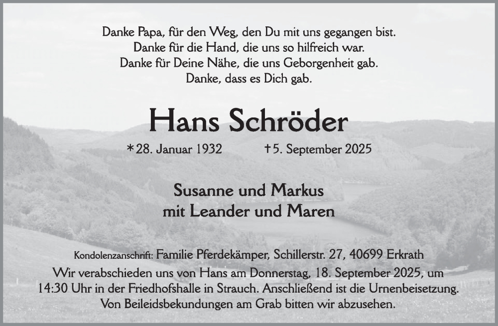  Traueranzeige für Hans Schröder vom 10.09.2025 aus WochenSpiegel
