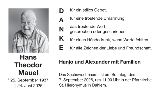 Traueranzeige von Hans Theodor Mauel von WochenSpiegel