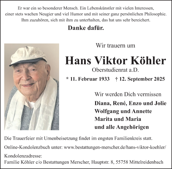 Traueranzeige von Hans Viktor Köhler von WochenSpiegel