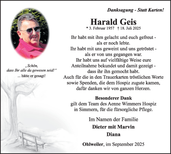 Traueranzeige von Harald Geis von WochenSpiegel