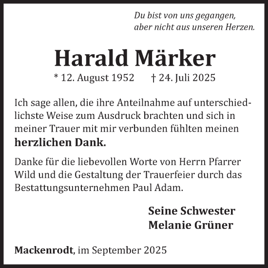 Traueranzeige von Harald Märker von WochenSpiegel