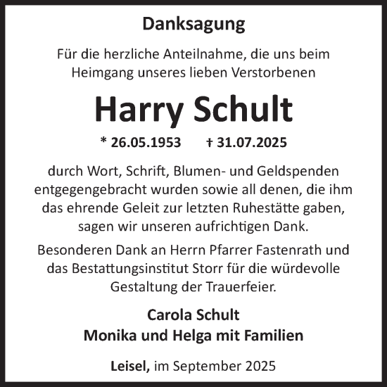 Traueranzeige von Harry Schult von WochenSpiegel