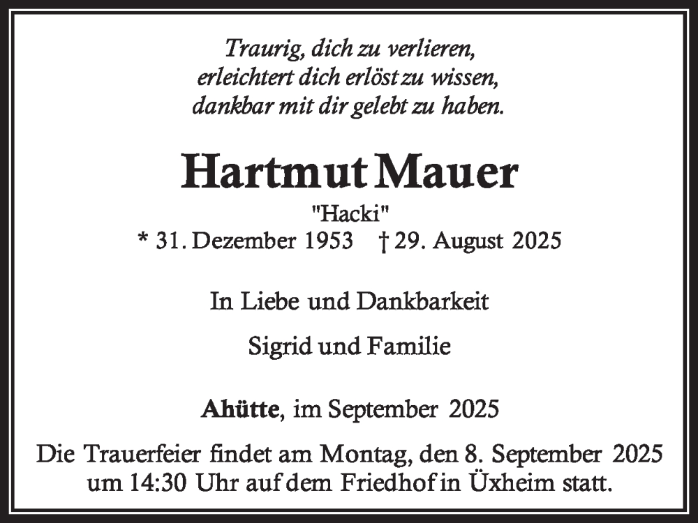  Traueranzeige für Hartmut Mauer vom 06.09.2025 aus WochenSpiegel