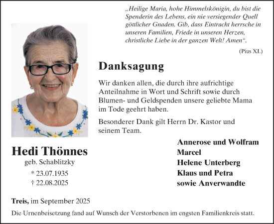 Traueranzeige von Hedi Thönnes von WochenSpiegel