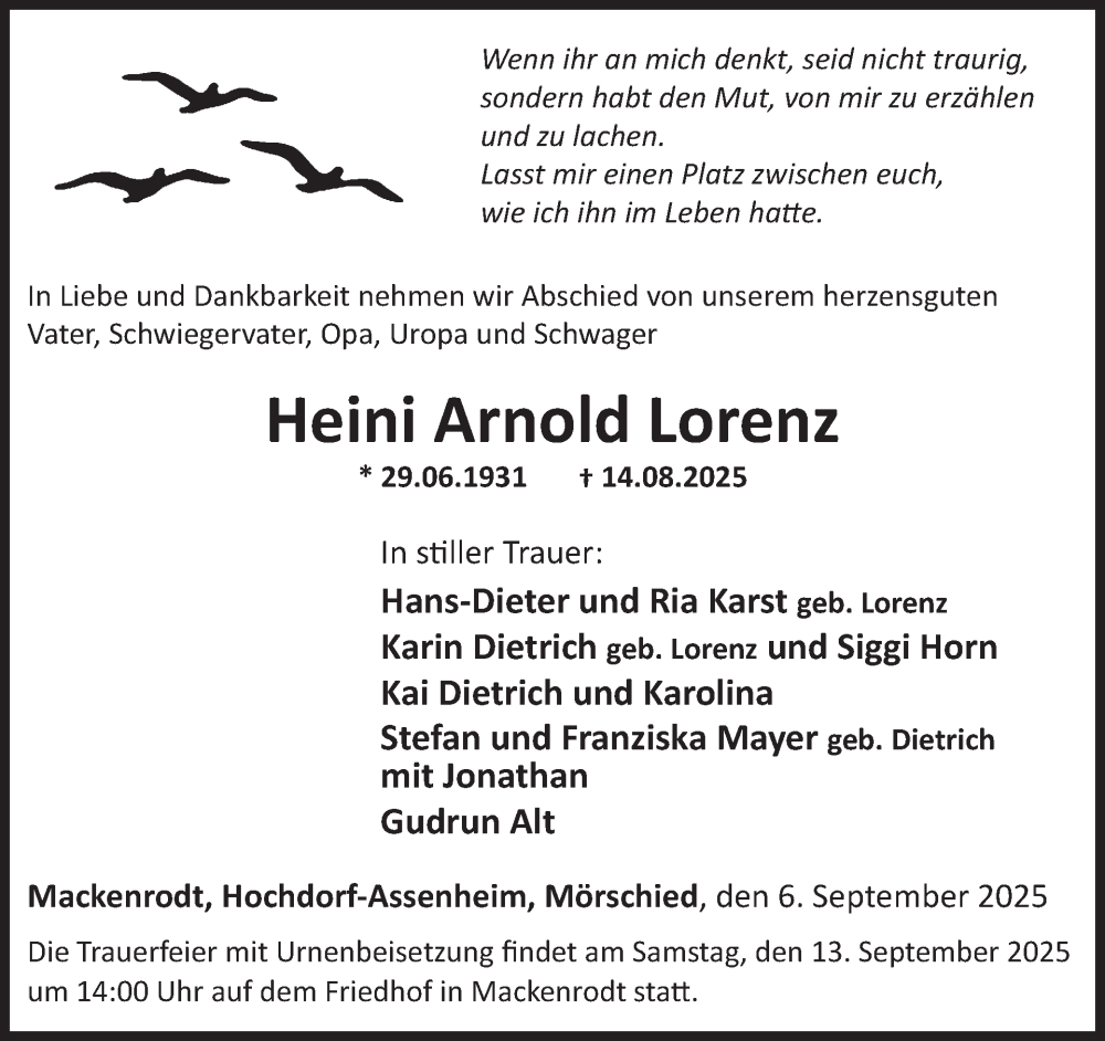  Traueranzeige für Heini Arnold Lorenz vom 06.09.2025 aus WochenSpiegel