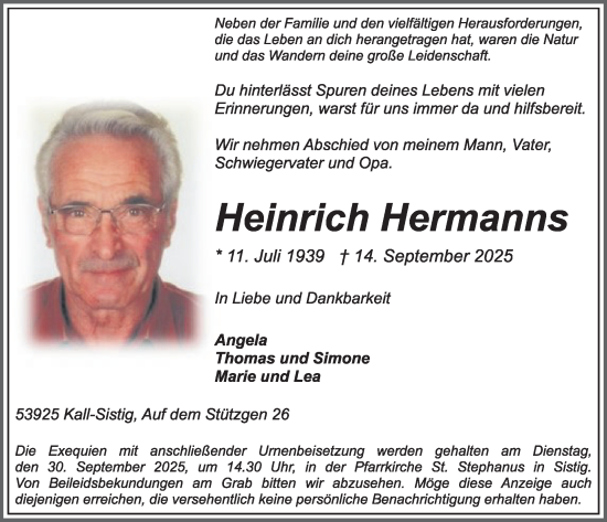 Traueranzeige von Heinrich Hermanns von WochenSpiegel