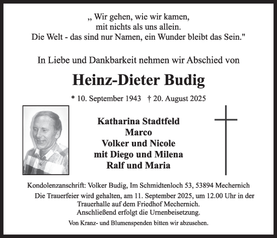 Traueranzeige von Heinz-Dieter Budig von WochenSpiegel
