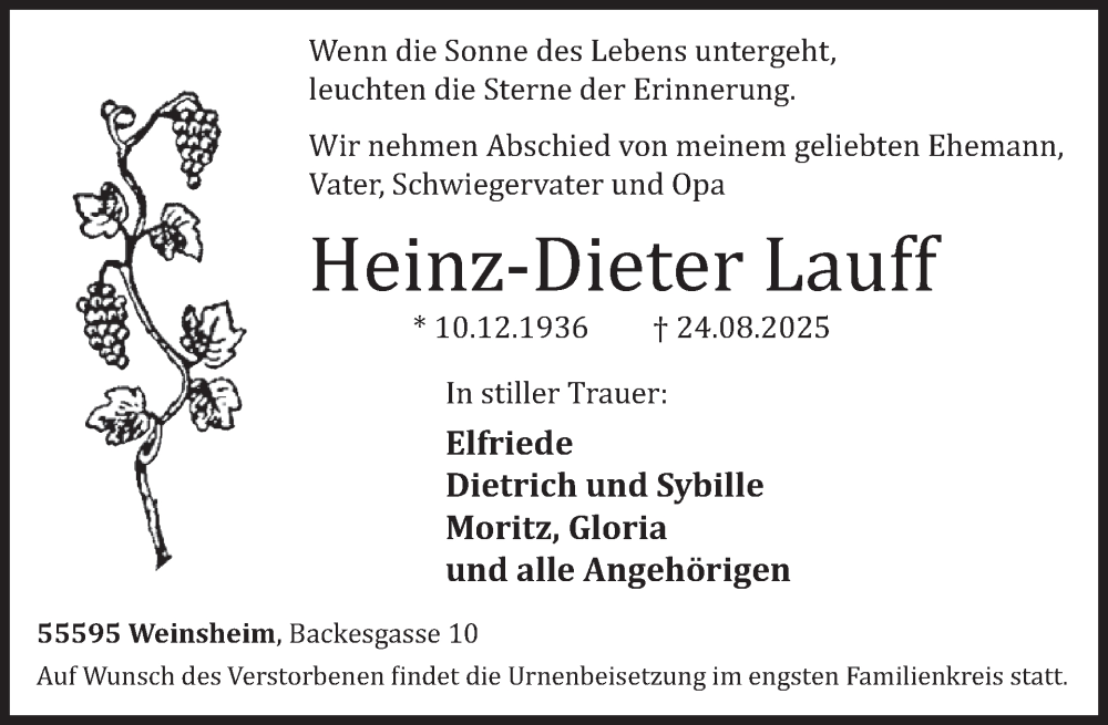  Traueranzeige für Heinz-Dieter Lauff vom 06.09.2025 aus WochenSpiegel