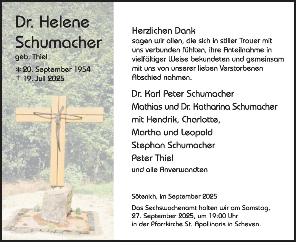  Traueranzeige für Helene Schumacher vom 24.09.2025 aus WochenSpiegel