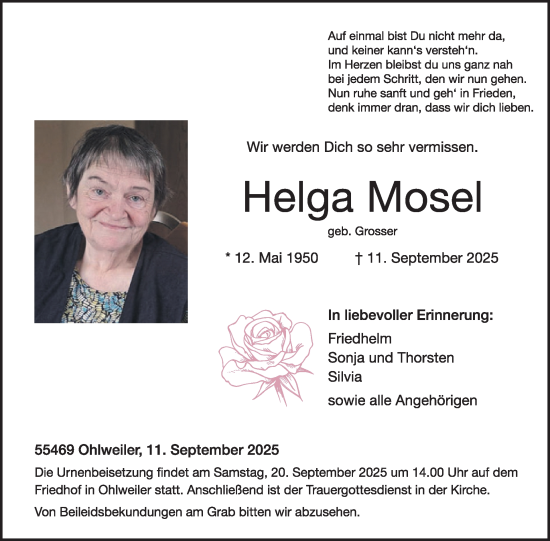 Traueranzeige von Helga Mosel von WochenSpiegel