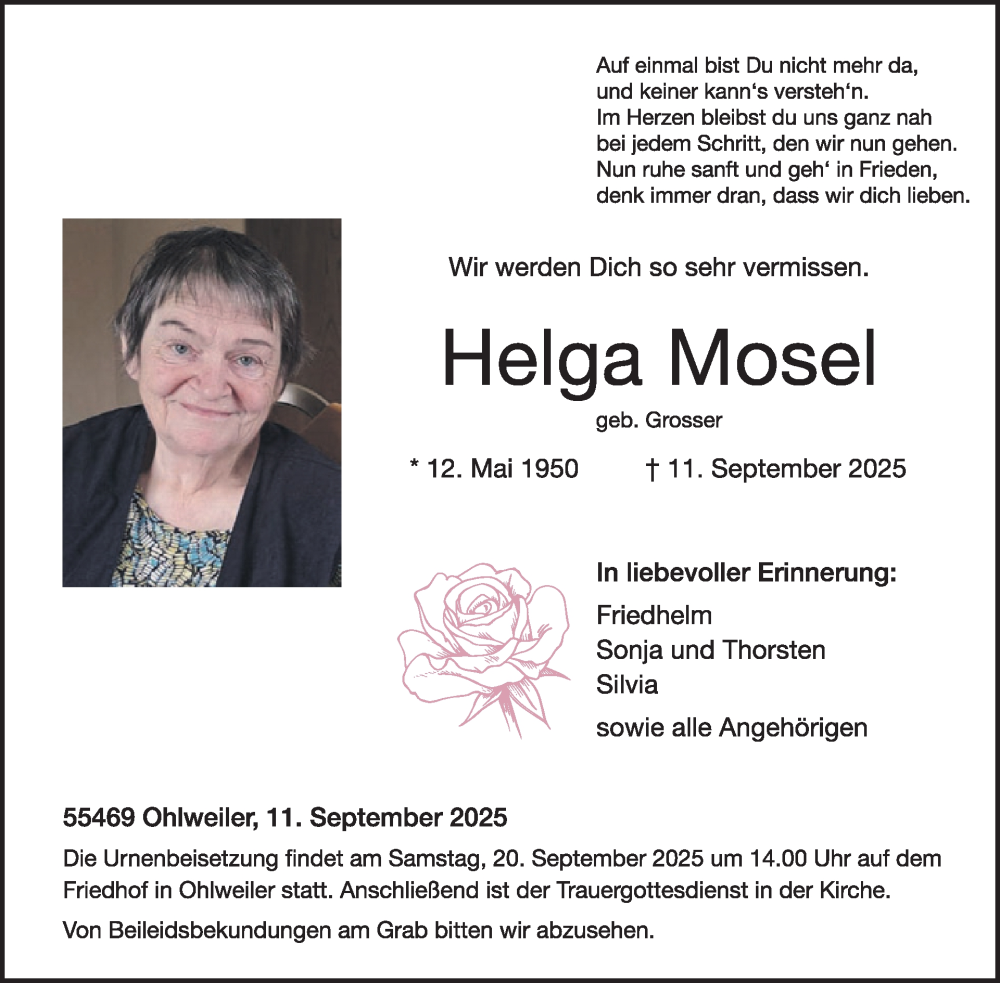  Traueranzeige für Helga Mosel vom 20.09.2025 aus WochenSpiegel