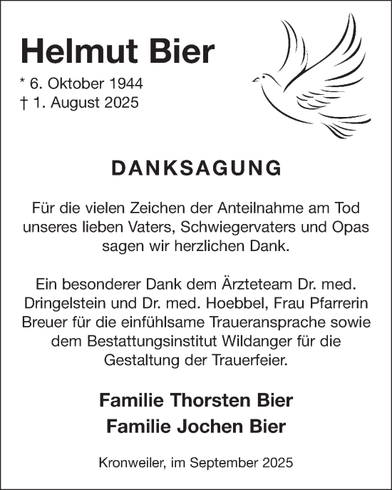 Traueranzeige von Helmut Bier von WochenSpiegel