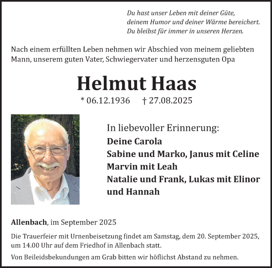 Traueranzeige von Helmut Haas von WochenSpiegel