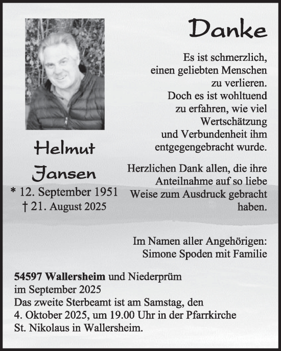 Traueranzeige von Helmut Jansen von WochenSpiegel