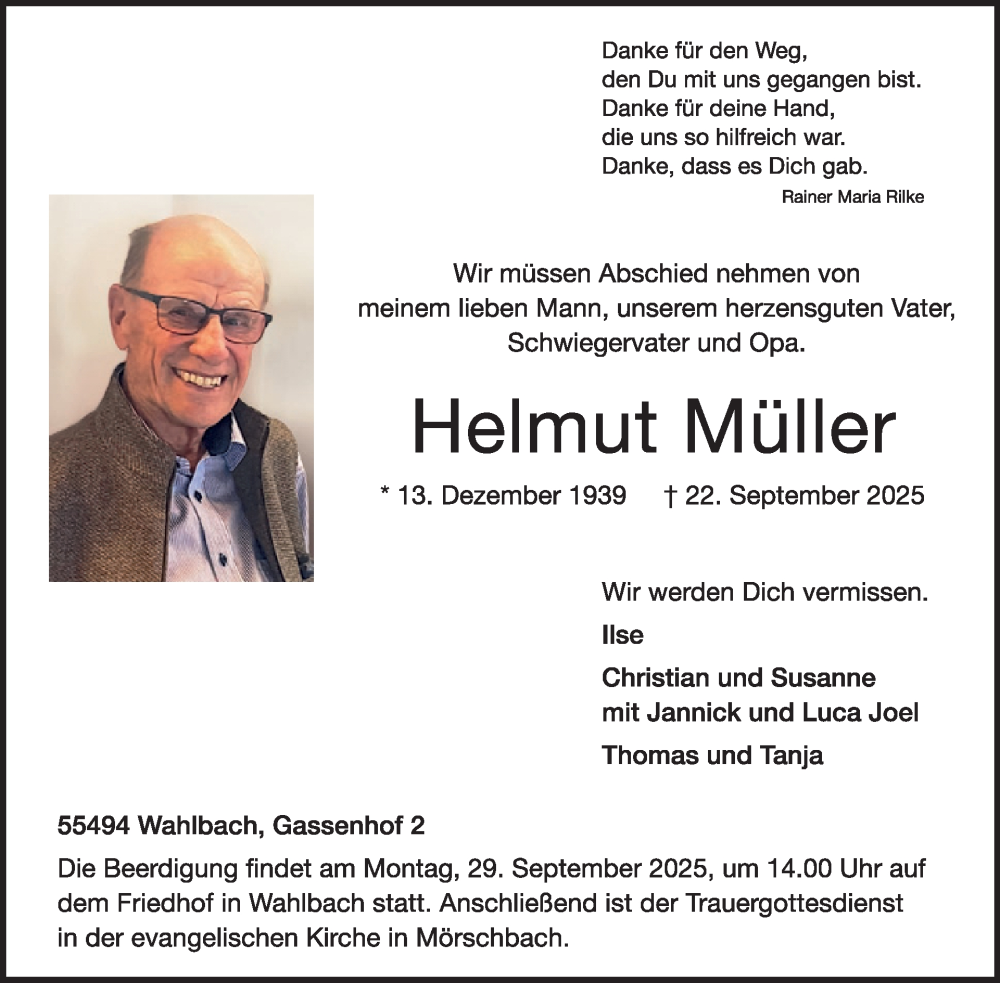  Traueranzeige für Helmut Müller vom 27.09.2025 aus WochenSpiegel
