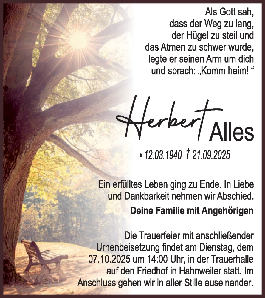  Traueranzeige für Herbert Alles vom 27.09.2025 aus WochenSpiegel