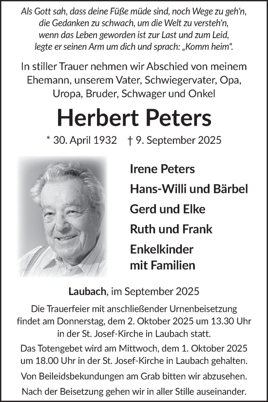Traueranzeige von Herbert Peters von WochenSpiegel