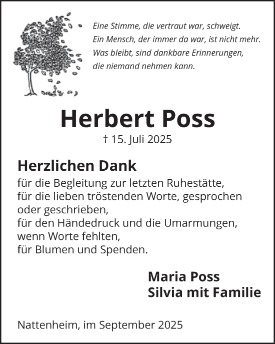Traueranzeige von Herbert Poss von WochenSpiegel