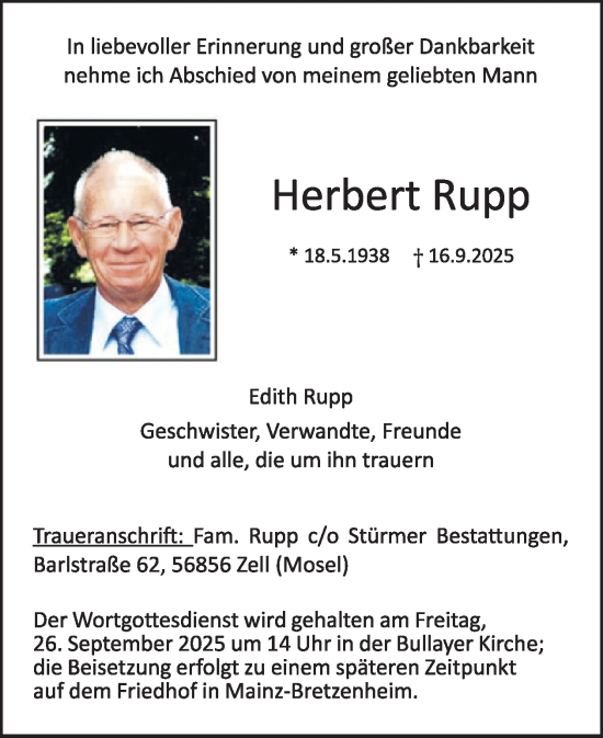 Traueranzeige von Herbert Rupp von WochenSpiegel