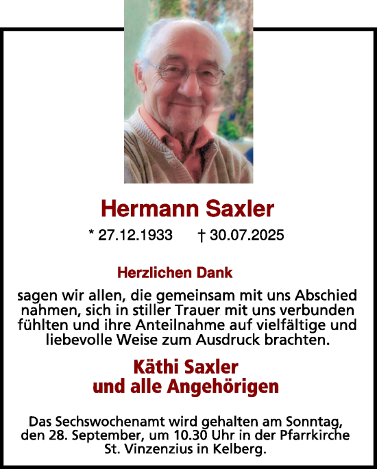 Traueranzeige von Hermann Saxler von WochenSpiegel