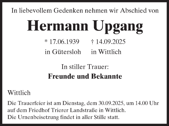 Traueranzeige von Hermann Upgang von WochenSpiegel