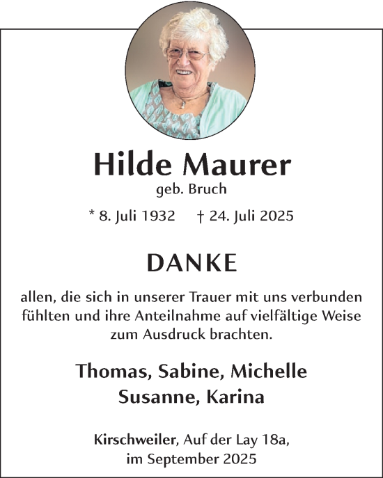 Traueranzeige von Hilde Maurer von WochenSpiegel