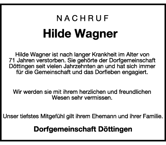 Traueranzeige von Hilde Wagner von WochenSpiegel