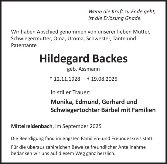 Traueranzeige von Hildegard Backes von WochenSpiegel