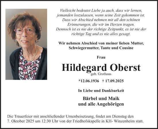 Traueranzeige von Hildegard Oberst von WochenSpiegel