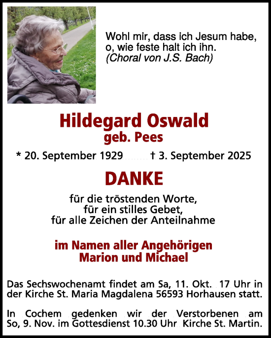 Traueranzeige von Hildegard Oswald von WochenSpiegel