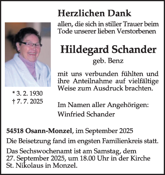 Traueranzeige von Hildegard Schander von WochenSpiegel