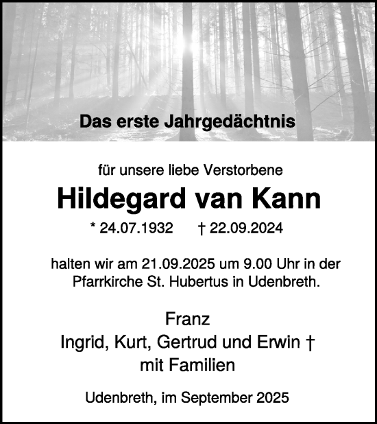Traueranzeige von Hildegard van Kann von WochenSpiegel