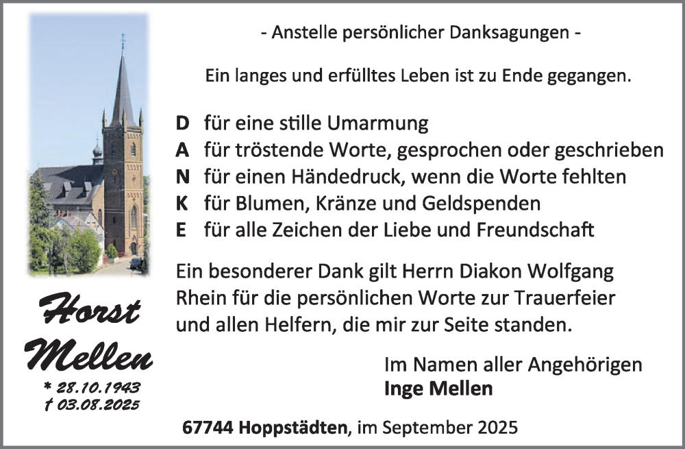  Traueranzeige für Horst Mellen vom 27.09.2025 aus WochenSpiegel