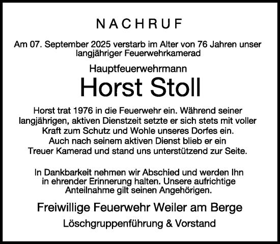 Traueranzeige von Horst Stoll von WochenSpiegel