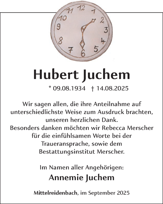 Traueranzeige von Hubert Juchem von WochenSpiegel