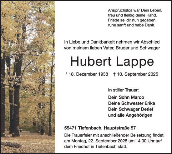 Traueranzeige von Hubert Lappe von WochenSpiegel