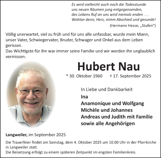 Traueranzeige von Hubert Nau von WochenSpiegel