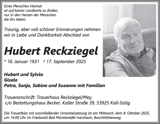 Traueranzeige von Hubert Reckziegel von WochenSpiegel